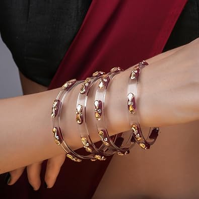 Transparent Glass Kada Set With Golden Zircon Stones & Kundan - Pack of 4