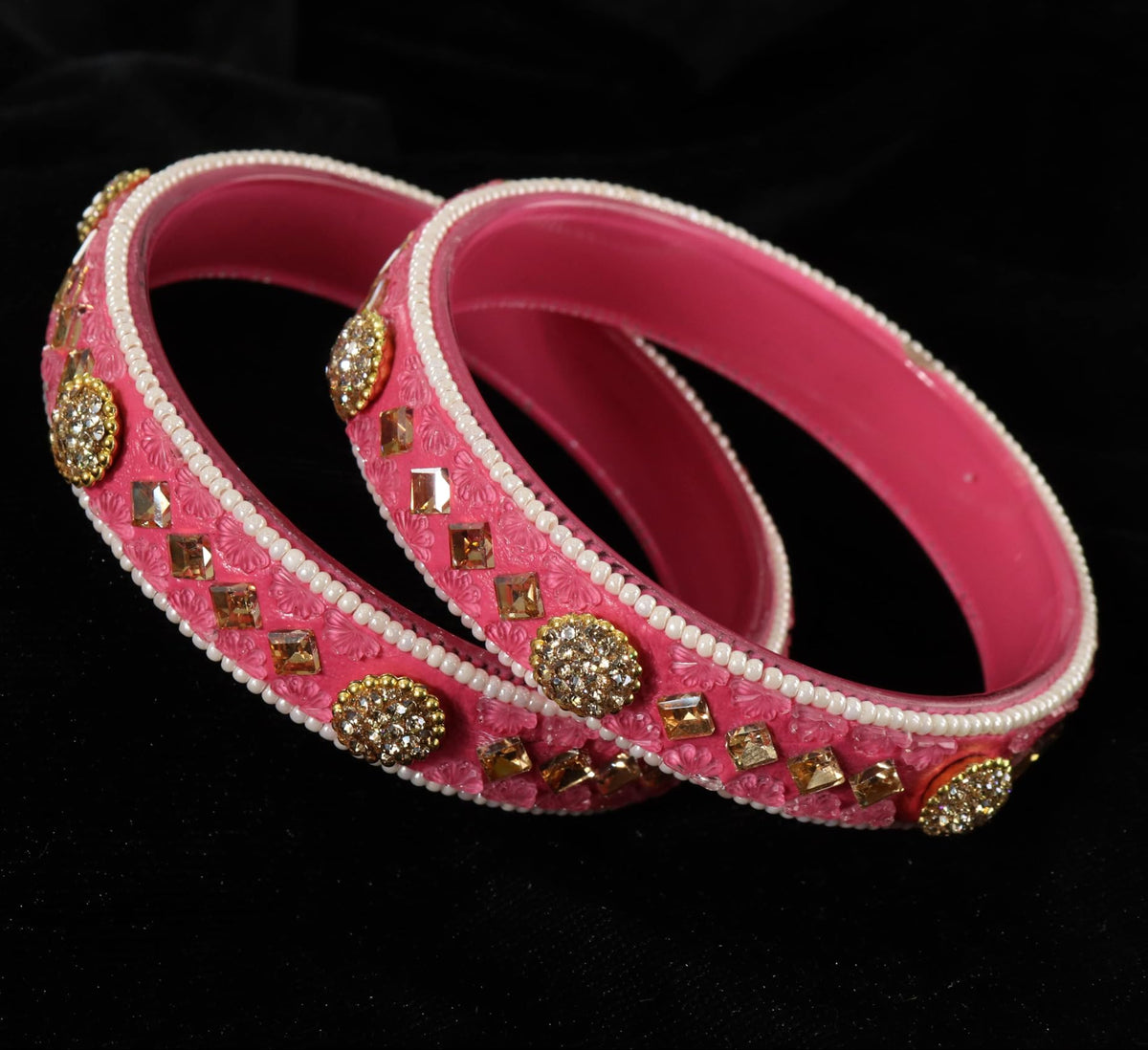 Gajri Floral Embossed Pattern with Square Stone Kada- Set of 2