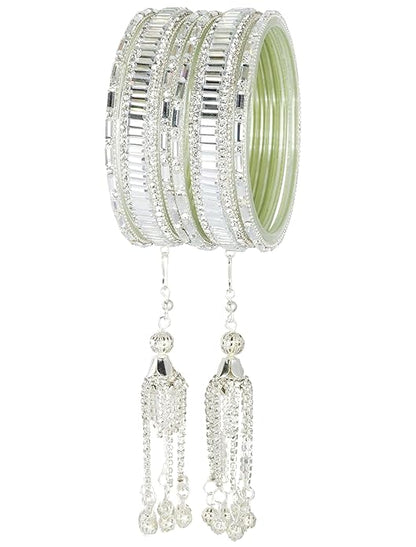 silver Glass Latkan Bangles Set For Wedding, - Set of 6