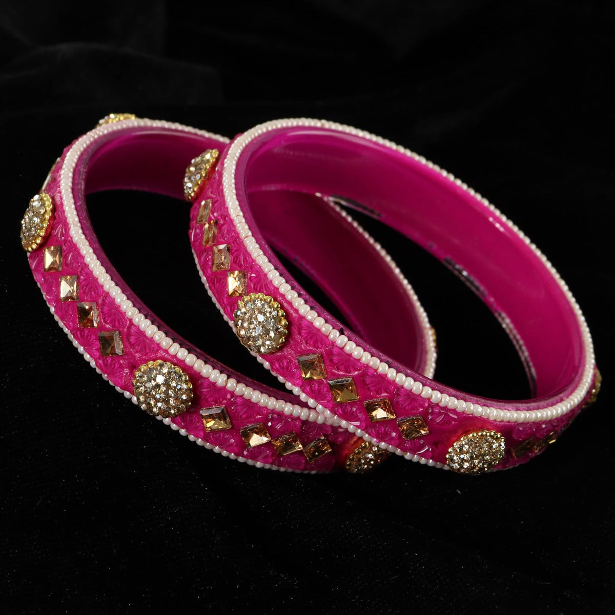 Magenta Floral Embossed Pattern with Square Stone Kada- Set of 2