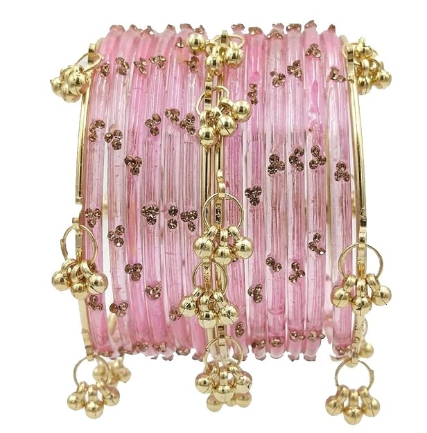 Pink Glass Bangles Set with Gold Metal Ghungroo Pack of 16
