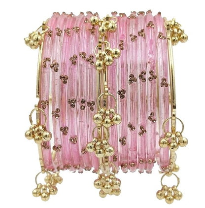 Pink Glass Bangles Set with Gold Metal Ghungroo Pack of 16