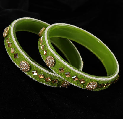 T.Green Floral Embossed Pattern with Square Stone Kada- Set of 2