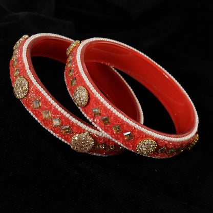 Orange Floral Embossed Pattern with Square Stone Kada- Set of 2