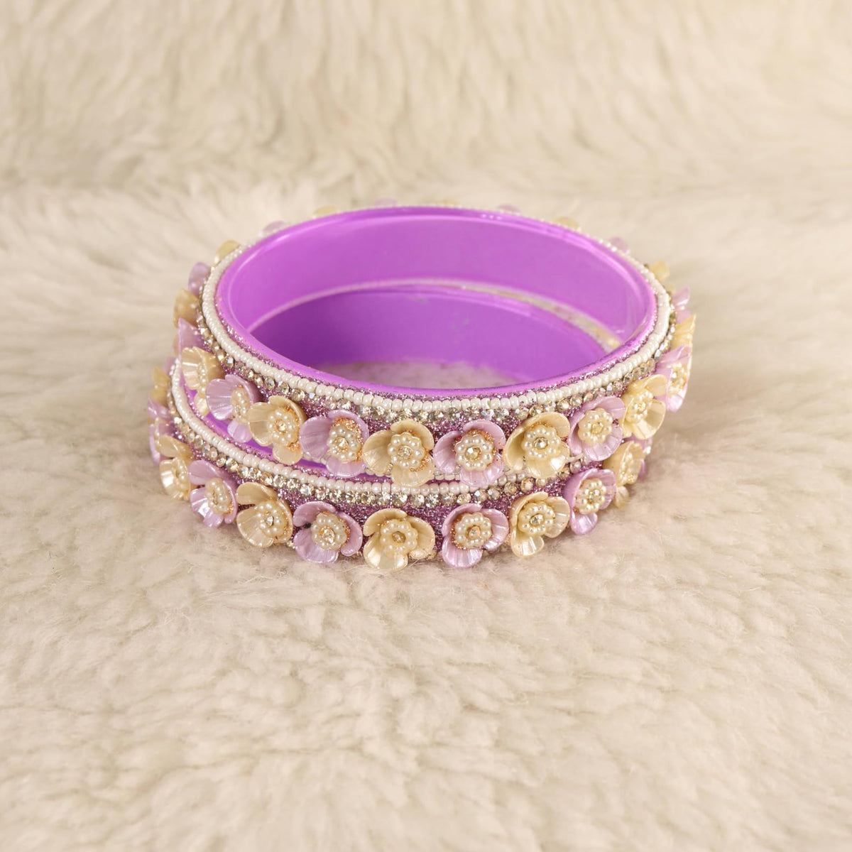 Purple Premium Floral Pearl Studded Kada Set - Set of 2
