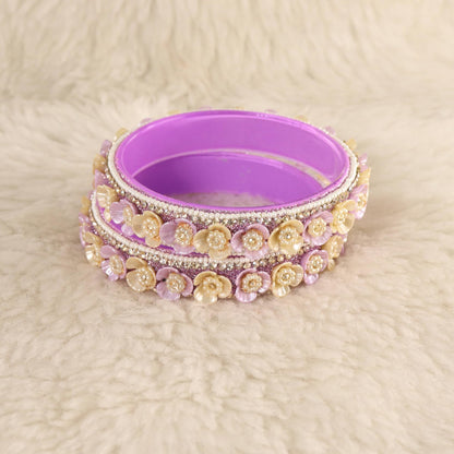 Purple Premium Floral Pearl Studded Kada Set - Set of 2