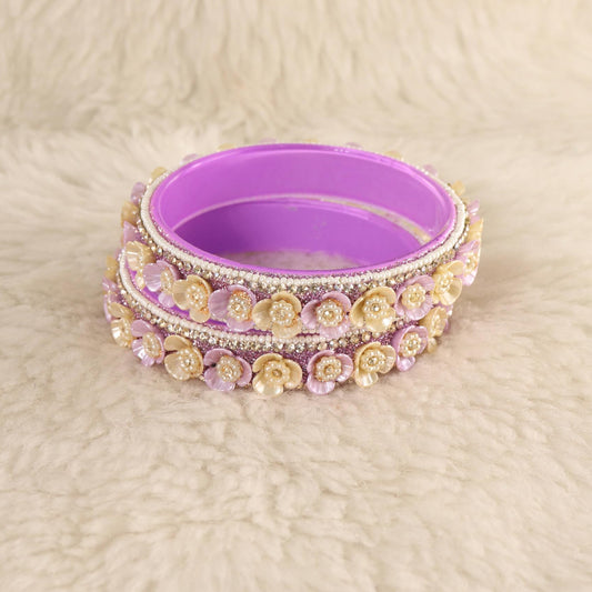 Purple Premium Floral Pearl Studded Kada Set - Set of 2