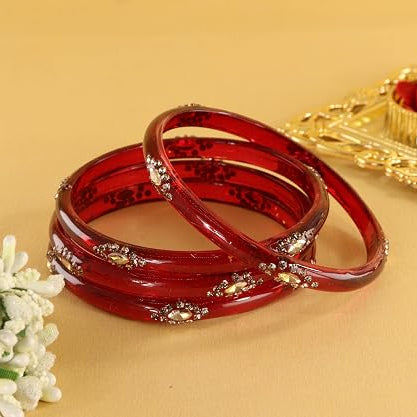 Glass Bangles Set With Crystal-Zircon Stone & Floral Work- Pack of  4