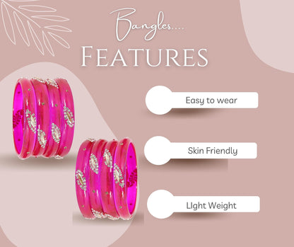 Magenta  Glass with Zircon Gemstone Studded Kada Bangles Set For Girls and Women| (Pack of 8)