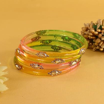 Glass Bangles set With Golden Crystal-Zircon Stone & Floral Work- Pack of 4