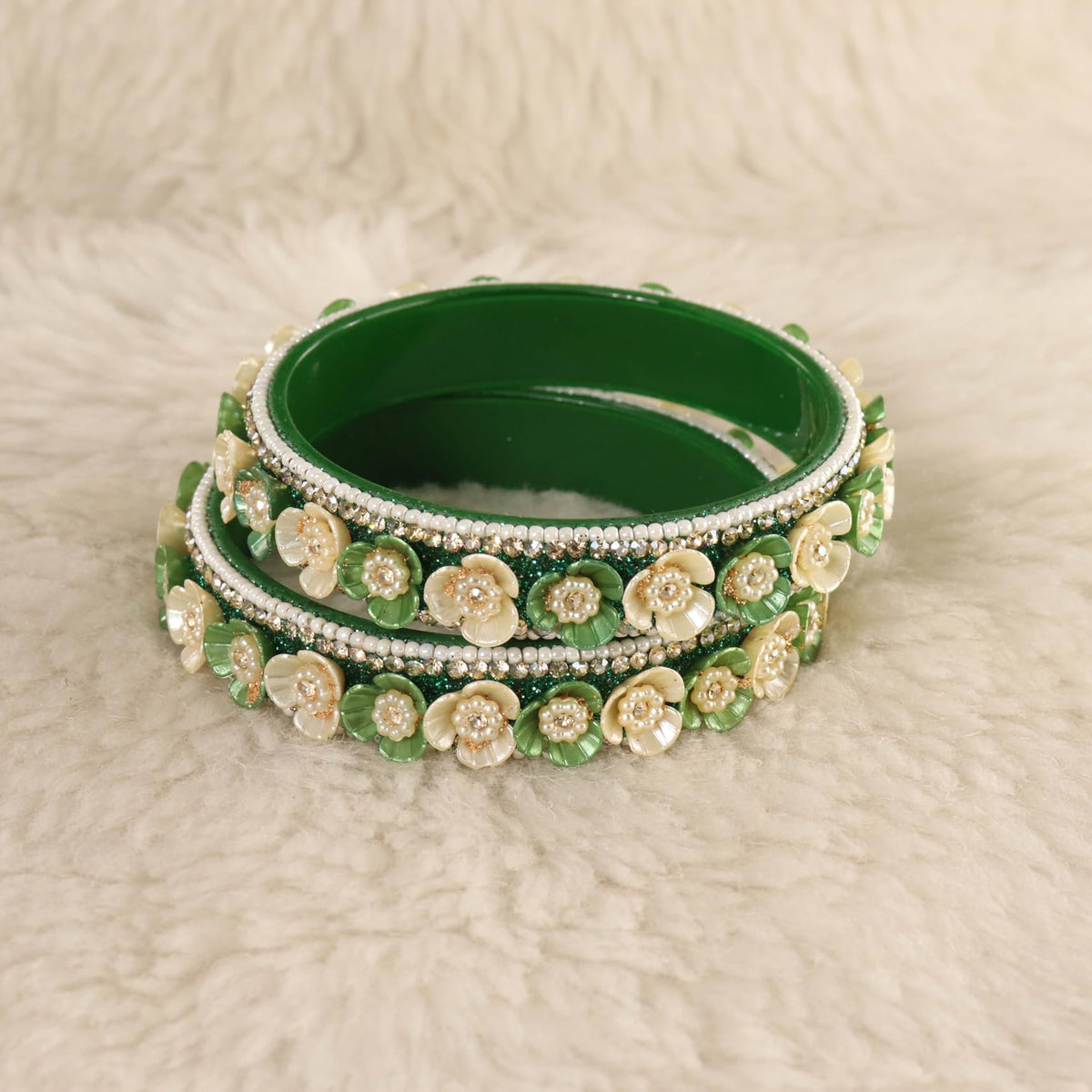 Green Premium Floral Pearl Studded Kada Set - Set of 2