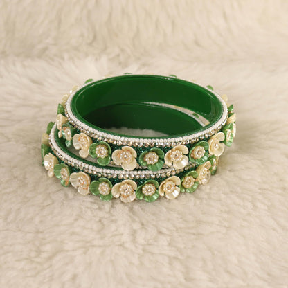 Green Premium Floral Pearl Studded Kada Set - Set of 2