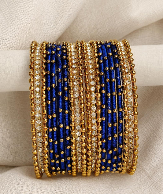 Royal Blue Thread Bangles with Golden Beads Set - Set Of 20