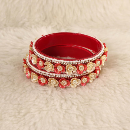 Red Premium Floral Pearl Studded Kada Set - Set of 2