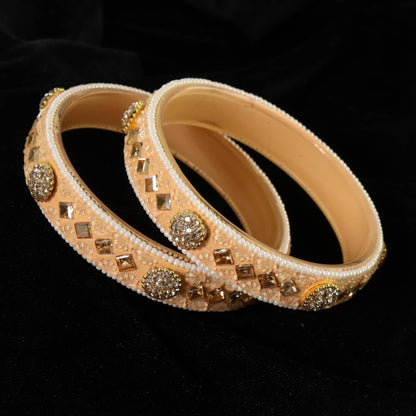 Peach Floral Embossed Pattern with Square Stone Kada- Set of 2
