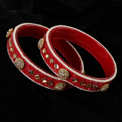 Red Floral Embossed Pattern with Square Stone Kada- Set of 2