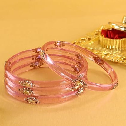 Glass Bangles Set With Crystal-Zircon Stone & Floral Work- Pack of  4