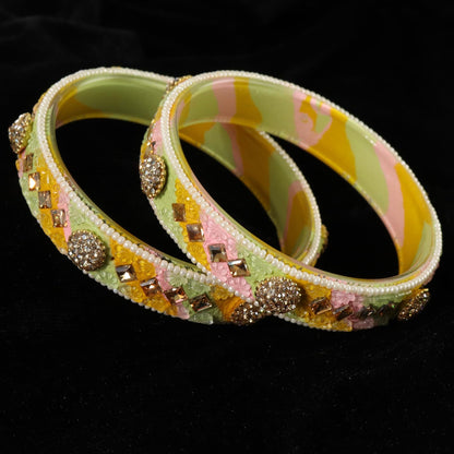 L.Multi Floral Embossed Pattern with Square Stone Kada- Set of 2