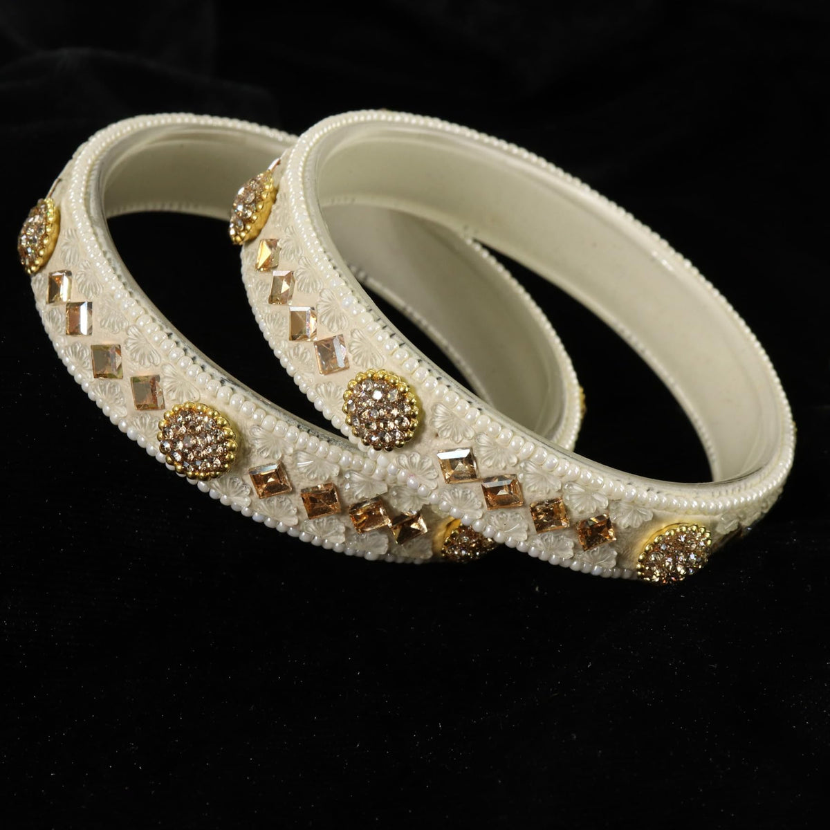 Cream Floral Embossed Pattern with Square Stone Kada- Set of 2
