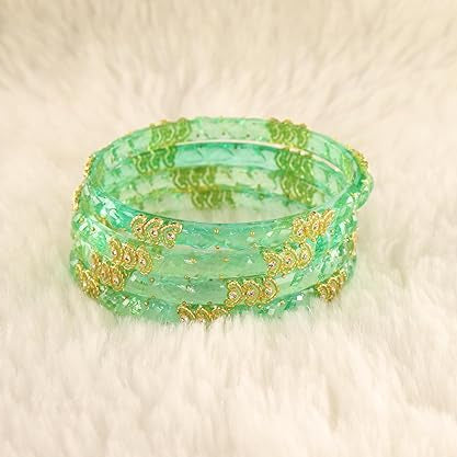 Mint Green Glass Kada with Gold Detailing, Zircon Stones & Heart Beads (Set of 4)