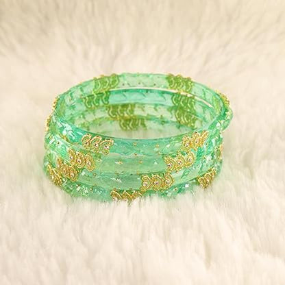 Mint Green Glass Kada with Gold Detailing, Zircon Stones & Heart Beads (Set of 4)
