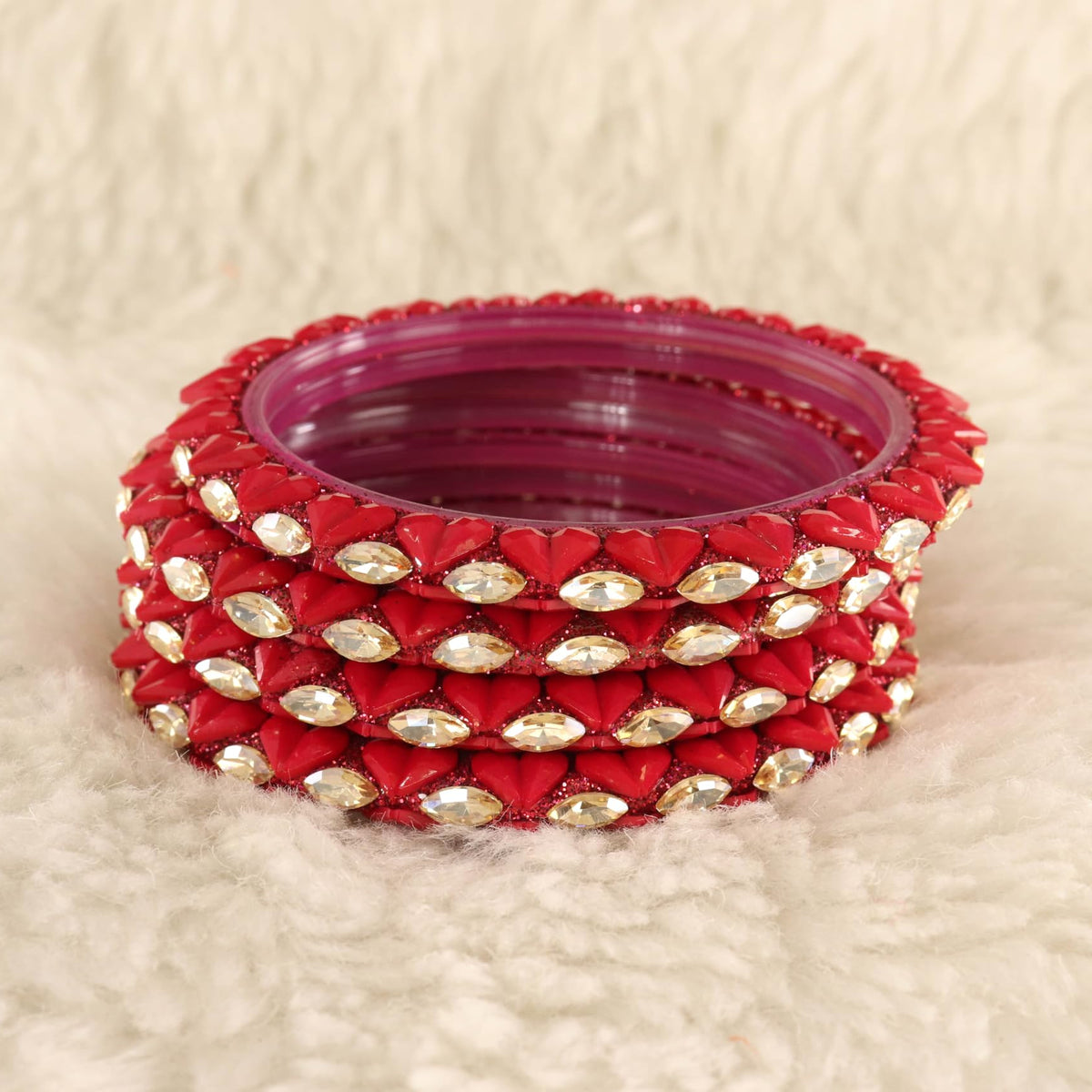 Magenta Sparkling stone detailing, and elegant golden Kada - Set Of 4
