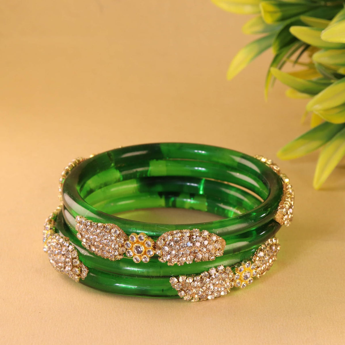DarkGreen Glass Bangle with Gold-Tone Rhinestone Kada -Set Of 2
