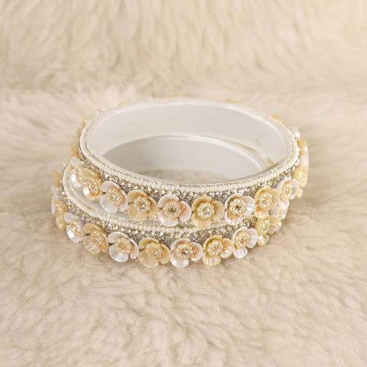 Cream Premium Floral Pearl Studded Kada Set - Set of 2
