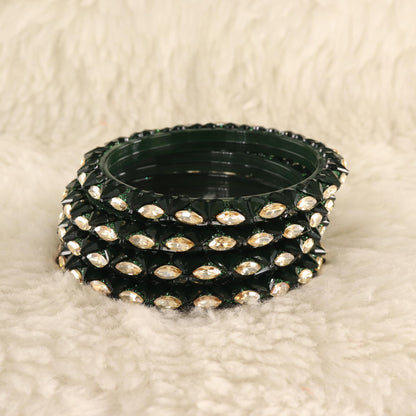 DarkGreen Sparkling stone detailing, and elegant golden Kada - Set Of 4
