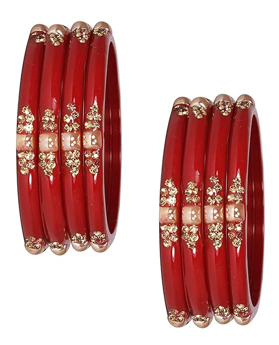 Set of 8 Red Glossy Bangles with Golden Floral Detailing