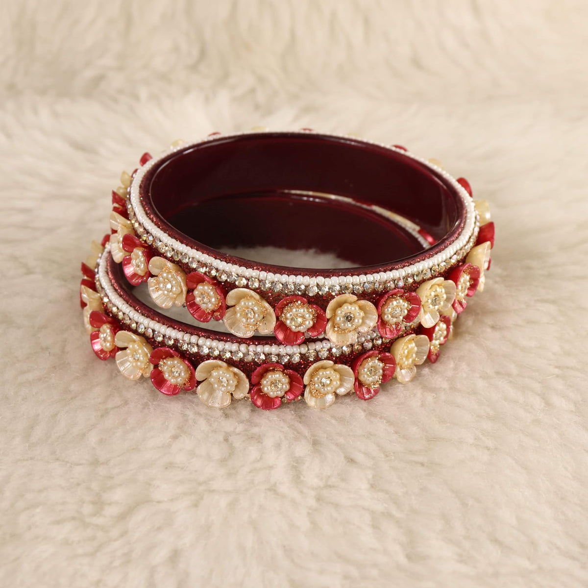 maroon Premium Floral Pearl Studded Kada Set - Set of 2