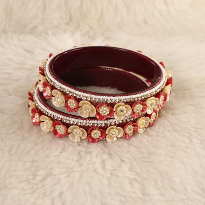 maroon Premium Floral Pearl Studded Kada Set - Set of 2