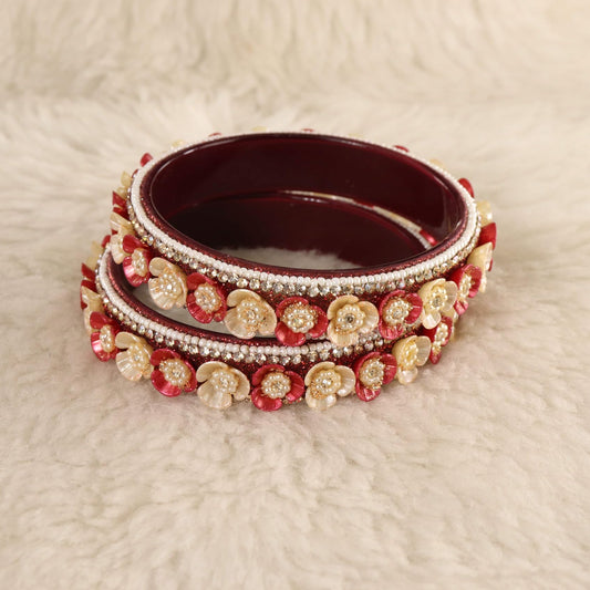 maroon Premium Floral Pearl Studded Kada Set - Set of 2