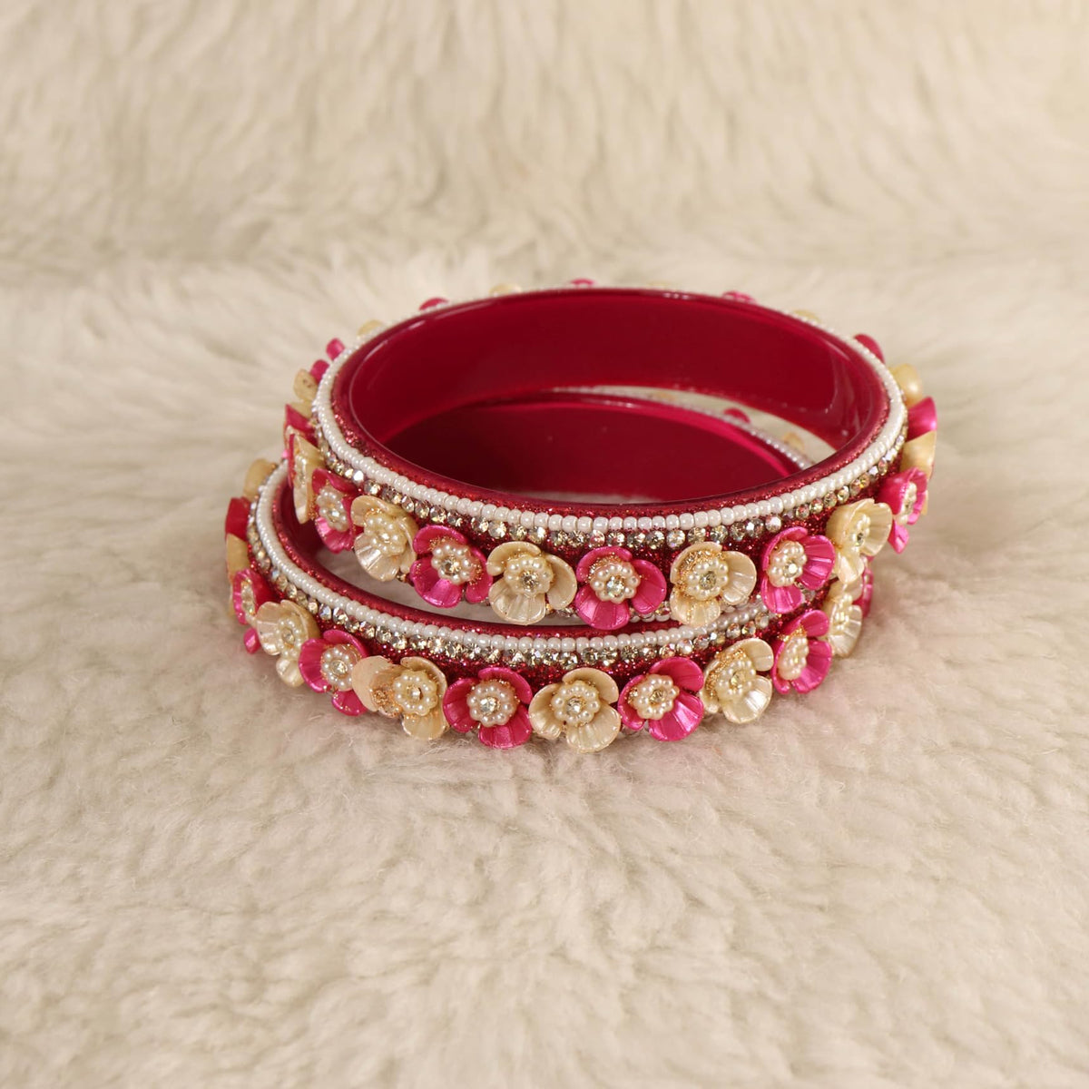 Magenta Premium Floral Pearl Studded Kada Set - Set of 2