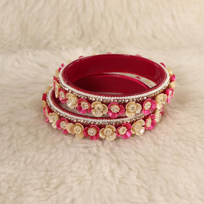 Magenta Premium Floral Pearl Studded Kada Set - Set of 2