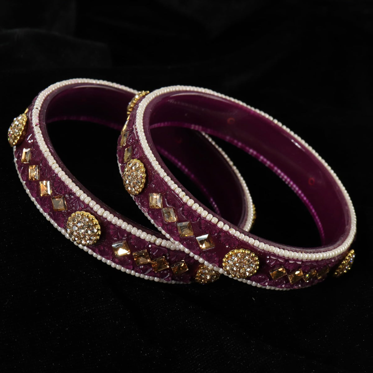 Wine Floral Embossed Pattern with Square Stone Kada- Set of 2