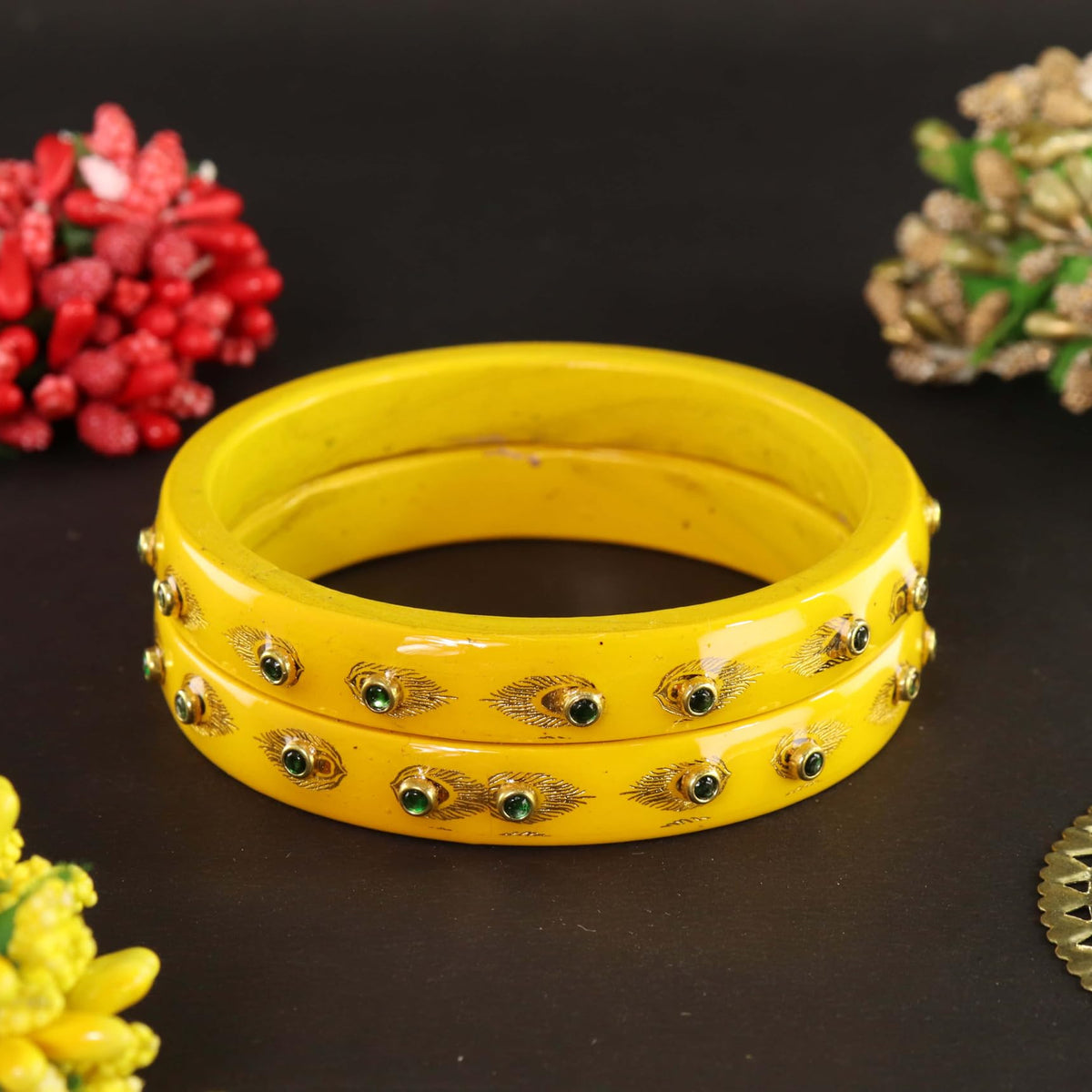 Yellow Premium Designer Kundan Kada Set - Set Of 2