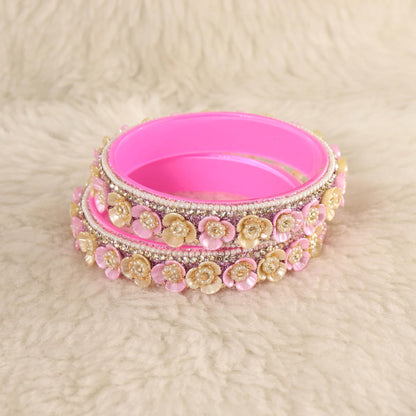Pink Premium Floral Pearl Studded Kada Set - Set of 2