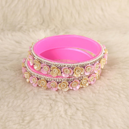 Pink Premium Floral Pearl Studded Kada Set - Set of 2