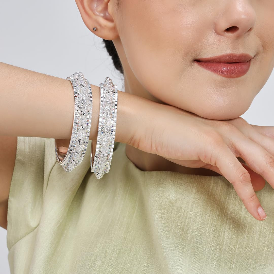 Silver Plated Designer Kada Bangles with Multicolor Stones-Set of 2