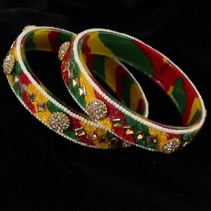 Multi Floral Embossed Pattern with Square Stone Kada- Set of 2