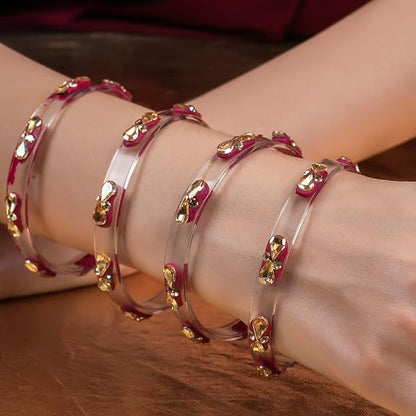 Transparent Glass Kada Set With Golden Zircon Stones & Kundan - Pack of 4