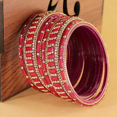 Glass Bangles Kada Set  With Zircon Stone Work - Pack of 6