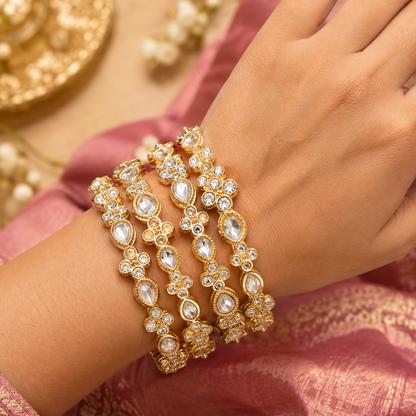 Gold Metal with Zircon Diamond & Kundan Stone Bangles - Set of 4