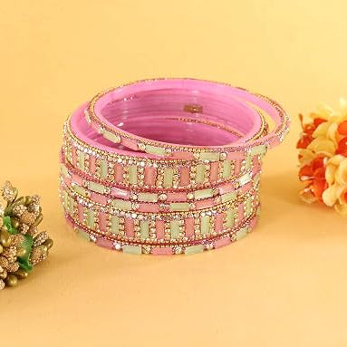 Glass Bangles Kada Set  With Zircon Stone Work - Pack of 6