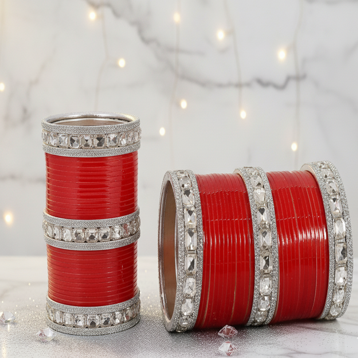 Red Acrylic Bridal Chuda – With Diamond-Cut Stone Bangles & Kada