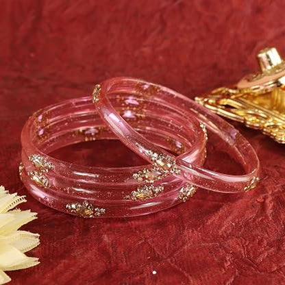 Glass Bangles Set With Crystal-Zircon Stone & Floral Work- Pack of  4