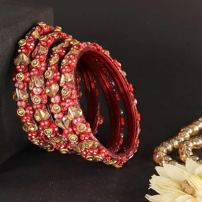 Glass Bangles Kada Set With Kundan & Zircon stones Work- Pack of 4