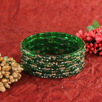 Green Glass Bangles Set with Crystal Stone Work - Set of 4