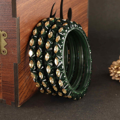 DarkGreen Sparkling stone detailing, and elegant golden Kada - Set Of 4
